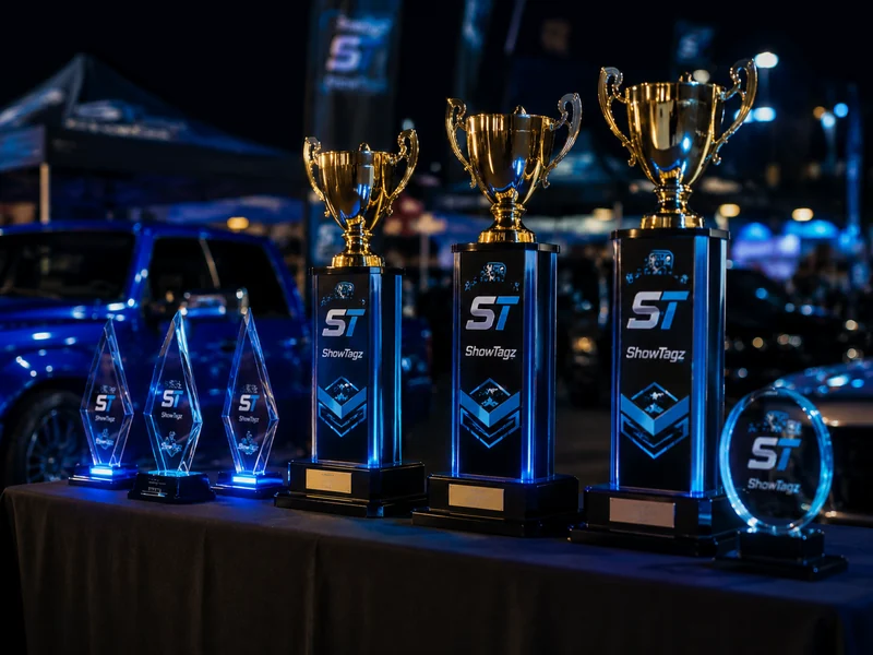 Trophies and awards on display at a vehicle show