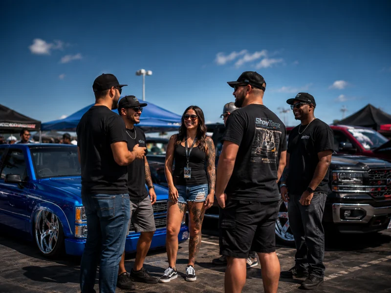 Vehicle enthusiasts standing together at a show