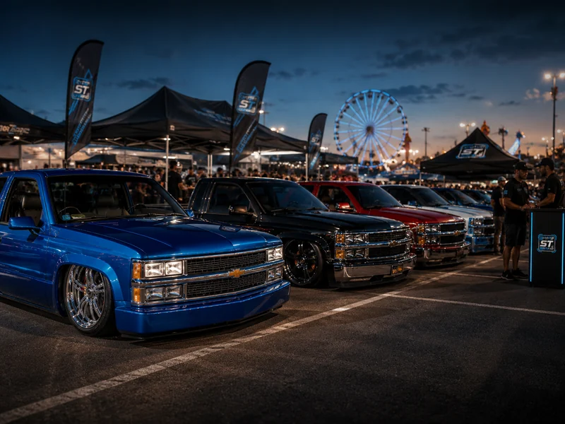 Line of custom trucks at a show