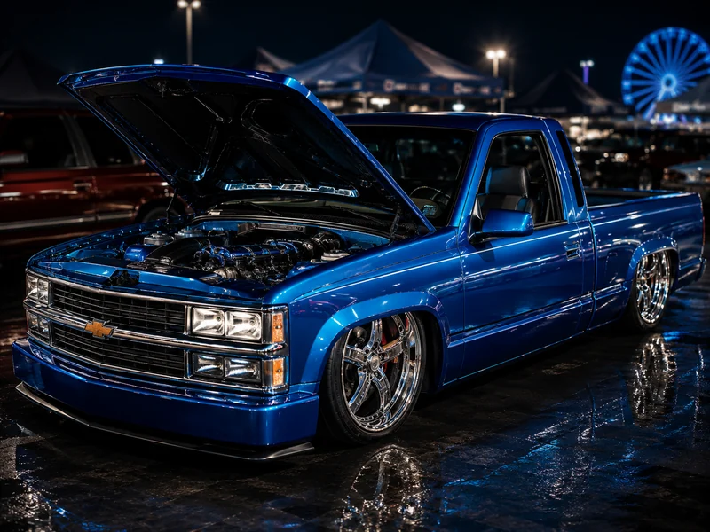 Blue custom truck with hood open at a show