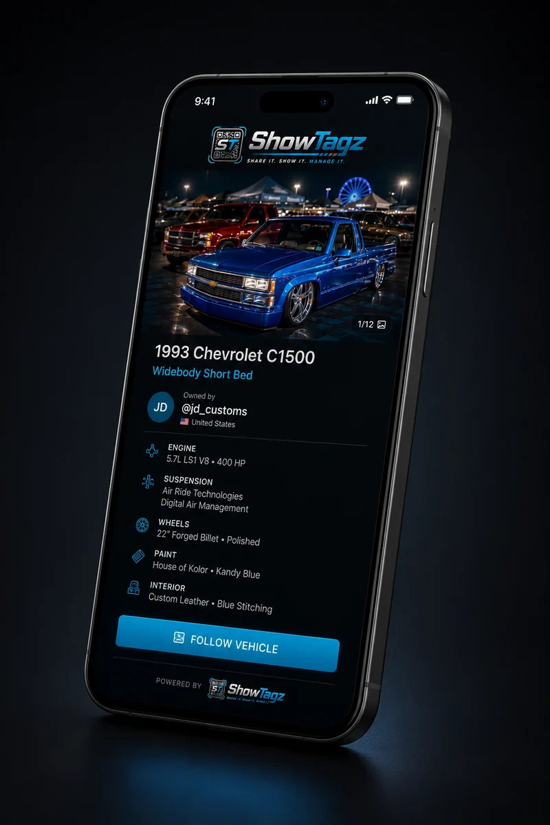 ShowTagz vehicle profile on a smartphone